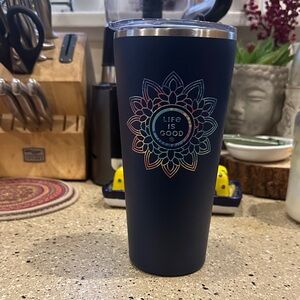 Life Is Good Dark Blue Tumbler with Colorful Mandala